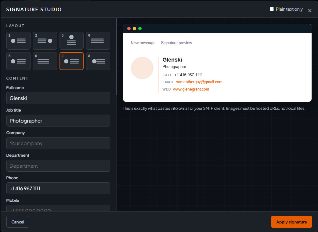 MailMindz Signature Studio with layout options and a live signature preview